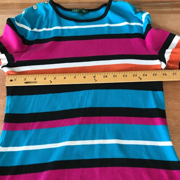 Lauren Ralph Lauren Top Women XL Blue White Striped Button Snap Accent Preppy - Picture 7 of 11